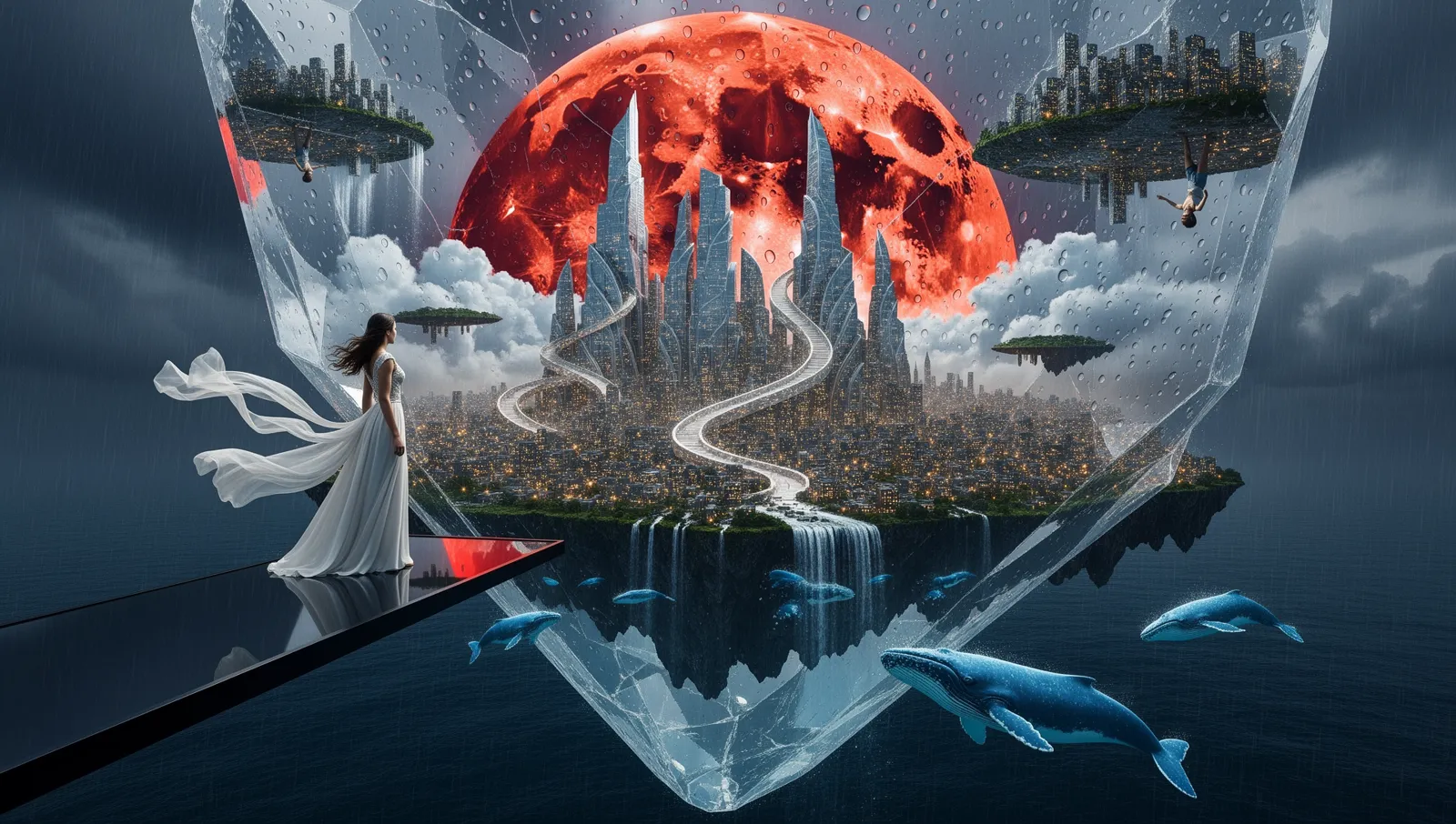 Flux 2 Flex: a woman in a white dress on a black platform beside a tall crystal shard holding a city, with figures hanging upside down under floating islands