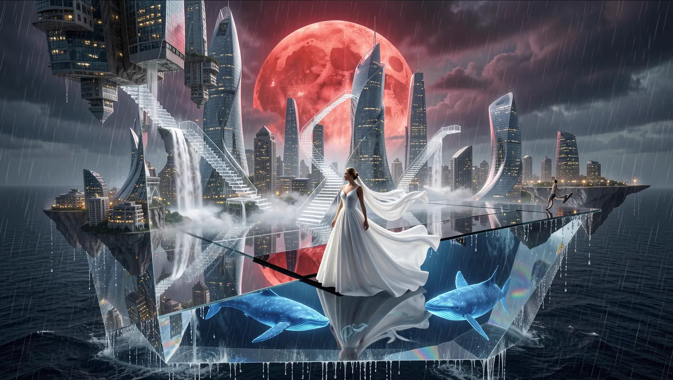 Flux 2 Klein: a woman in a white dress on a glass floor over the sea, with curved towers, upside-down buildings and whales under the glass, in heavy rain