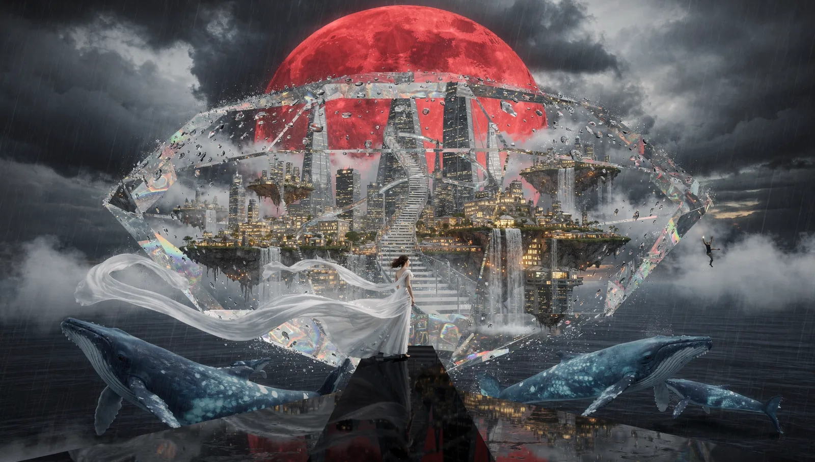 Flux 2 Max: a woman in a white dress on a black path in front of a giant cut crystal holding a city, under a red moon, with grey whales and rain