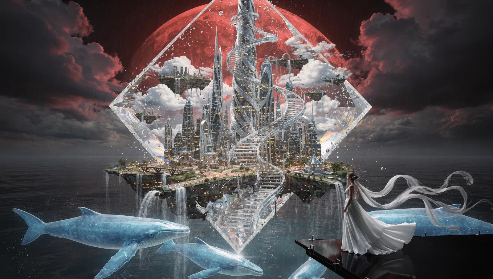 Flux 2 Pro (Safety Tolerance): a woman in a white dress on a platform watches a diamond crystal holding a city, a spiral staircase and a twisted tower