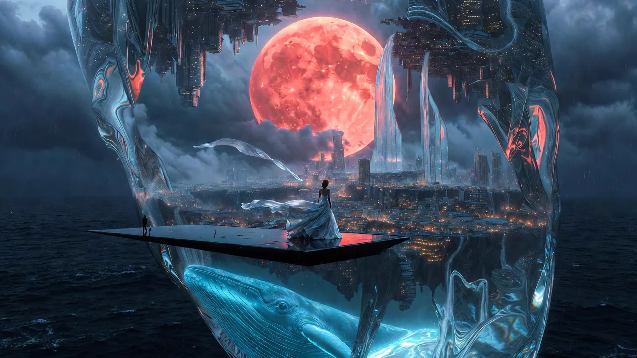 Grok Imagine: a woman in a white dress on a black platform inside a liquid glass form, with an upside-down city above and a glowing whale below