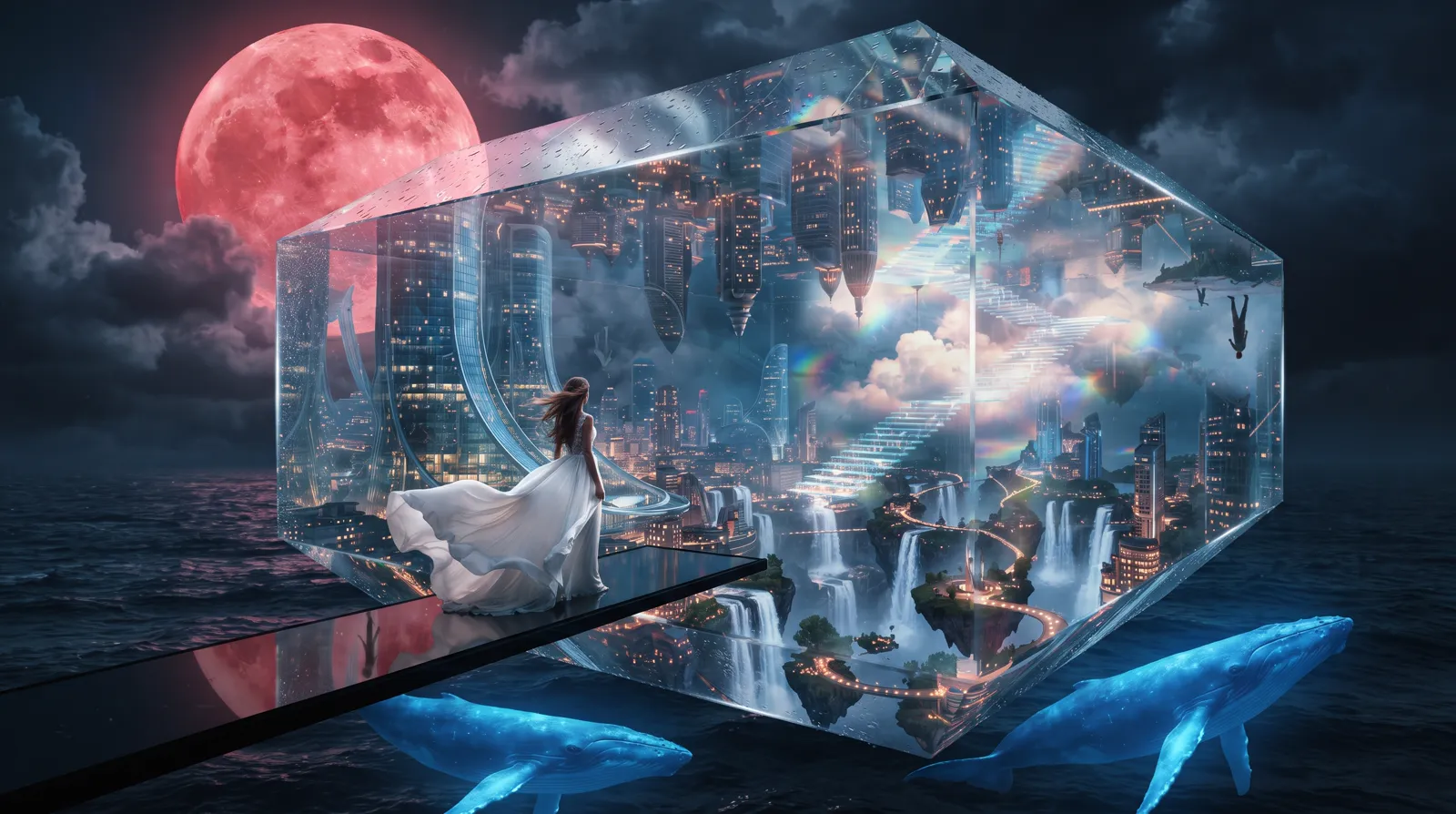Nano Banana 2: a woman in a white dress at the edge of a glass box holding a city, with upside-down buildings, waterfalls and two figures hanging upside down