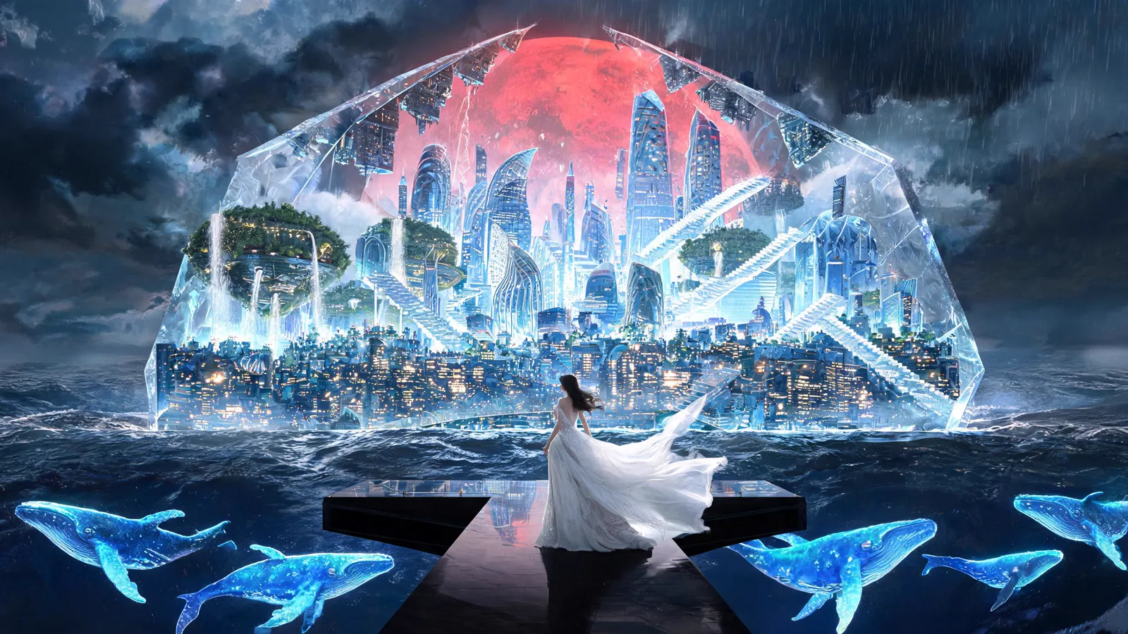 Seedream 5 Lite: a woman in a white dress on a black platform facing a crystal dome on a stormy sea, with a city, a red moon and many glowing whales