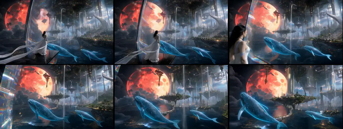 Six frames from the Runway Gen-3 clip, in order from left to right and top to bottom