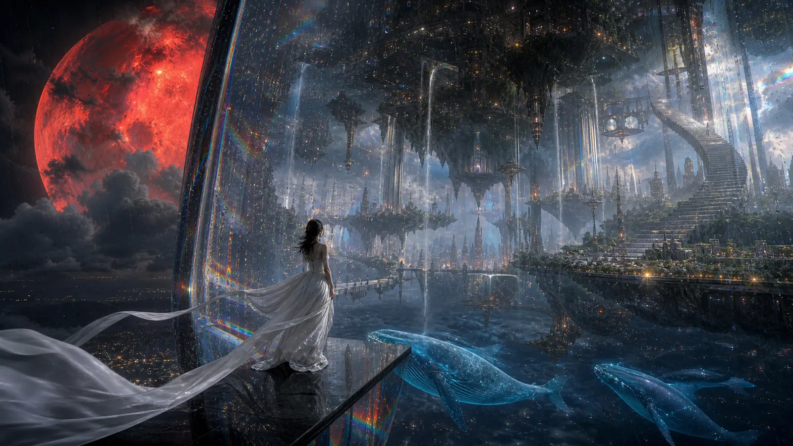 The start frame: a woman in a white dress on a black platform inside a glass wall, a crystal city with upside-down buildings, a giant red moon and glowing blue whales