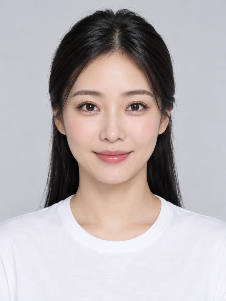 밝은 회색 배경 앞에서 카메라를 정면으로 바라보는, 검은 머리를 뒤로 묶고 흰 티셔츠를 입은 한국인 여성의 스튜디오 인물 사진.