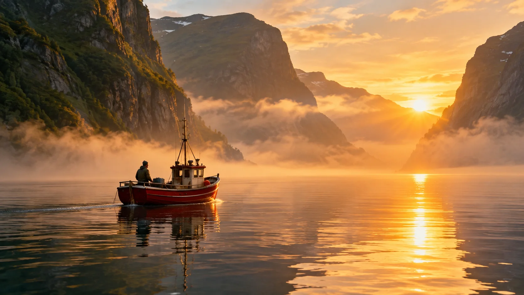 A red fishing boat with one fisherman on a calm fjord at sunrise, mist over the water and steep cliffs on both sides.