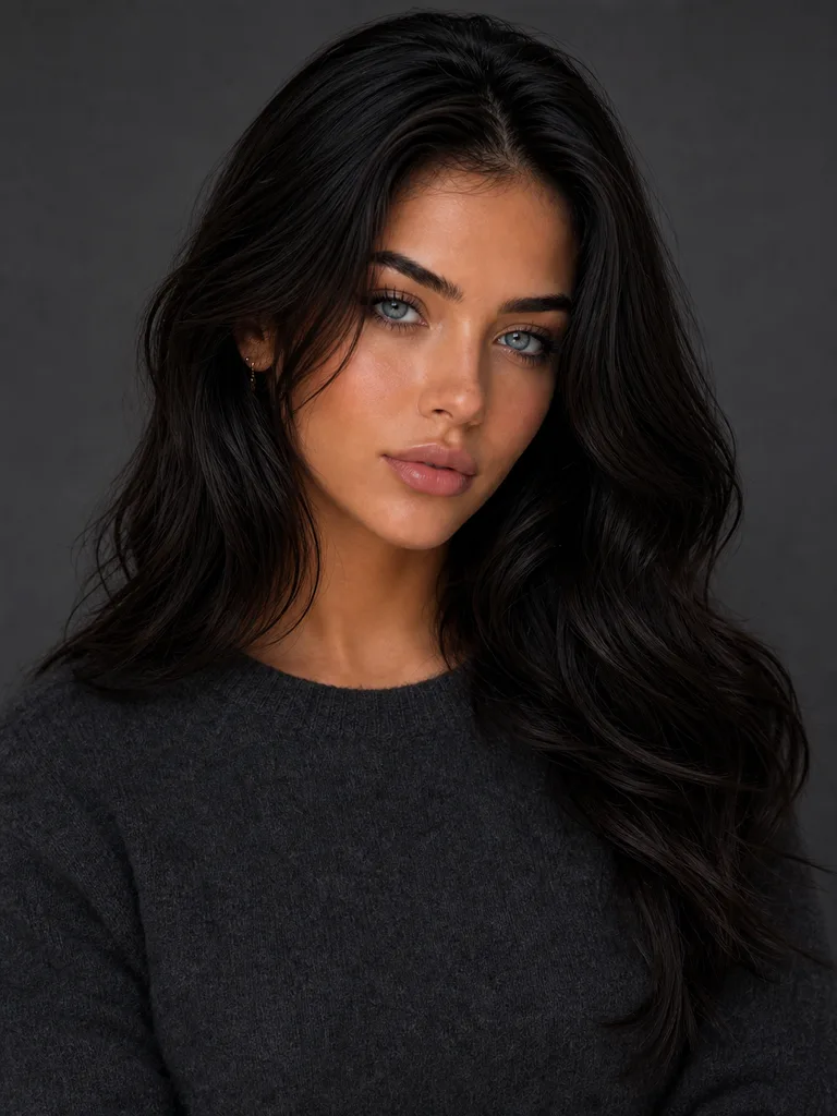 The same woman lit from the front and above, both cheeks evenly bright against a gray backdrop.