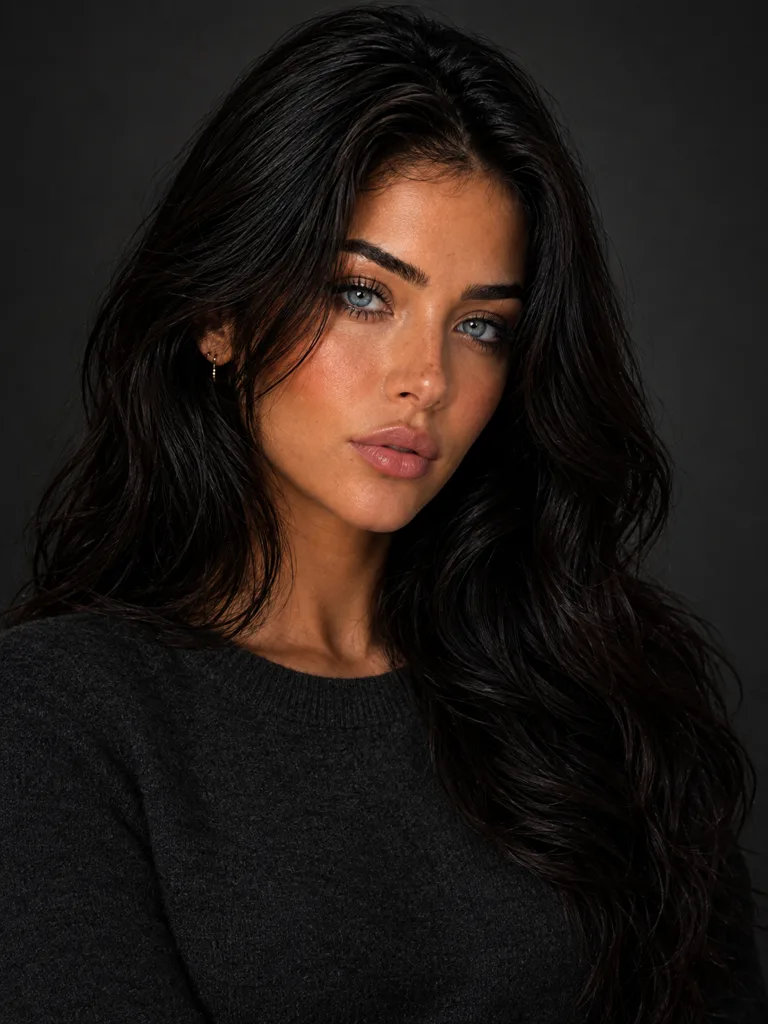 The same woman in strong contrast: bright highlights on her skin against a near-black backdrop and sweater.