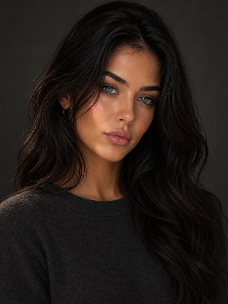 A woman with long dark hair against a dark backdrop, lit from one side so the far cheek falls into soft shadow.
