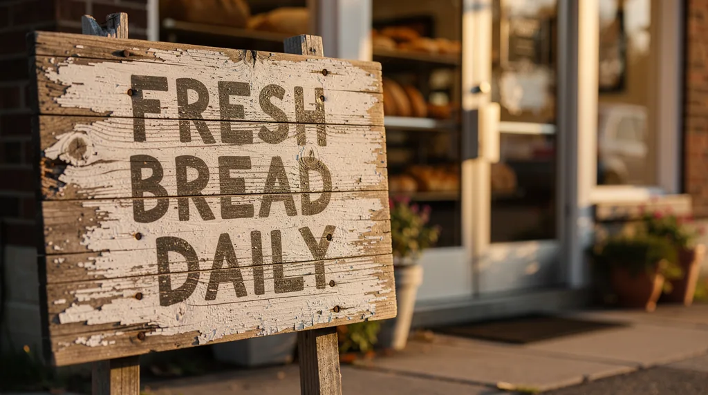 Flux 2 Pro (Safety Tolerance) 예시: 작은 빵집 앞에 걸린, “FRESH BREAD DAILY”라고 쓰인 손으로 그린 나무 간판, 아침 햇살