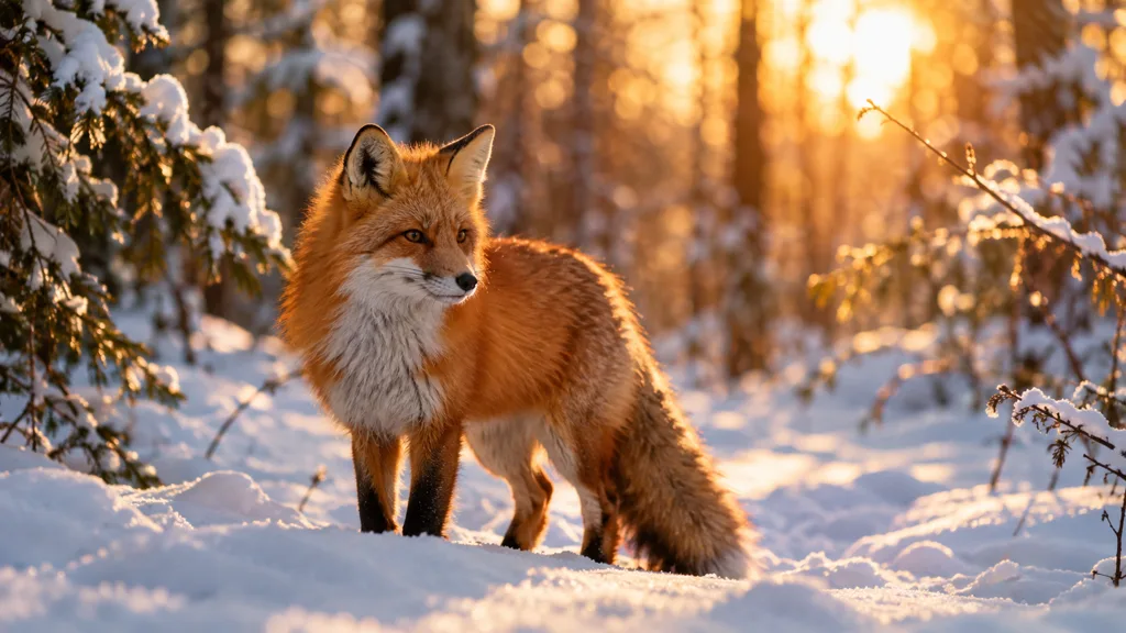 GPT Image 2 example: A red fox in a snowy forest at golden hour, 35mm photo