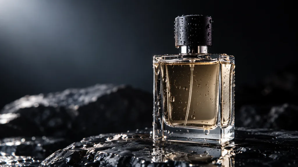 GPT Image 2 example: Studio product photo of an unbranded glass perfume bottle on wet black stone, soft rim light, water droplets