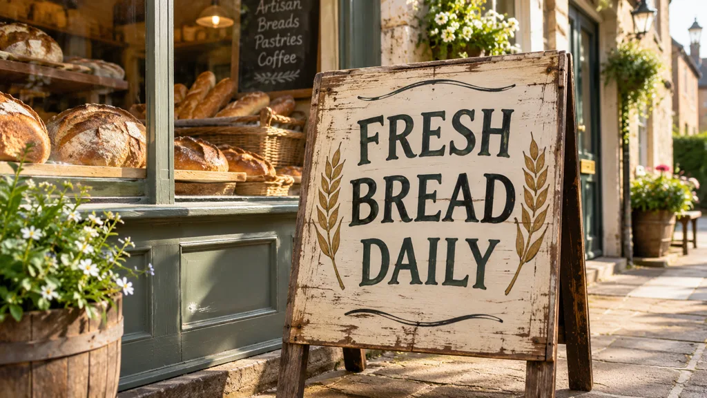 GPT Image 2 example: A hand-painted wooden sign that reads "FRESH BREAD DAILY" outside a small bakery, morning light