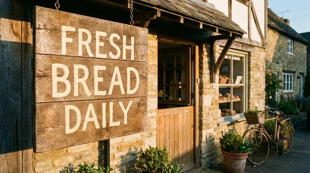 Nano Banana Pro 예시: 작은 빵집 앞에 걸린, “FRESH BREAD DAILY”라고 쓰인 손으로 그린 나무 간판, 아침 햇살