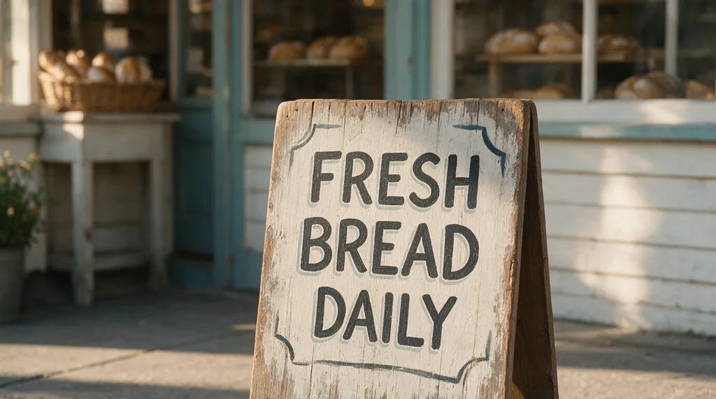 Seedream 5 Pro example: A hand-painted wooden sign that reads "FRESH BREAD DAILY" outside a small bakery, morning light