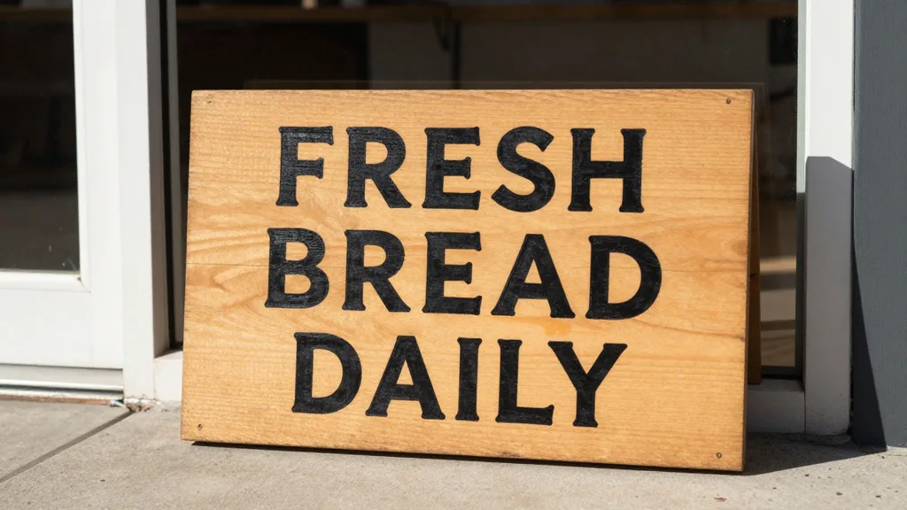 Z-Image 예시: 작은 빵집 앞에 걸린, “FRESH BREAD DAILY”라고 쓰인 손으로 그린 나무 간판, 아침 햇살