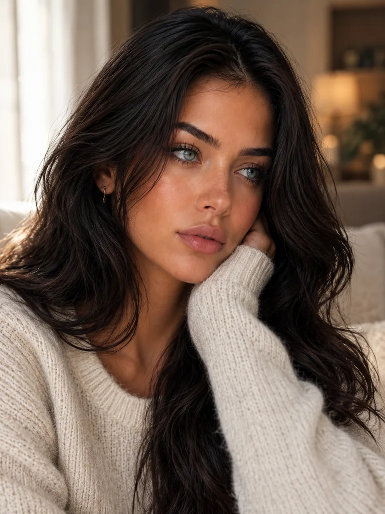 The same woman resting her cheek on her hand, looking away with a wistful, distant expression.