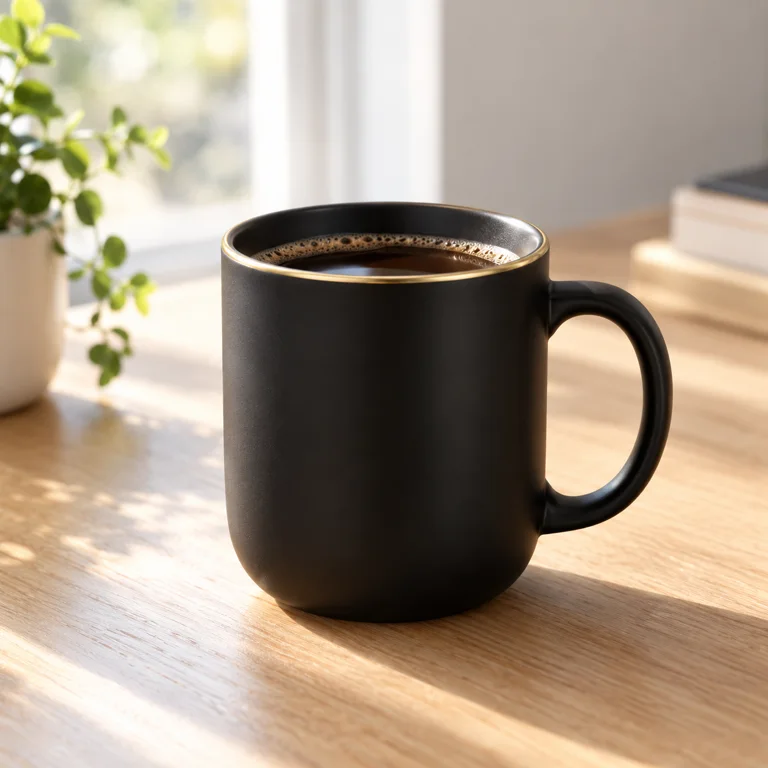 A matte black coffee mug with a thin gold rim on a light oak table, with a plant and a window behind it.