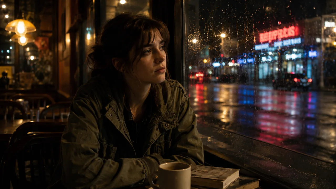 A young woman in an olive field jacket at a rain-streaked café window at night, with neon signs and wet street reflections outside