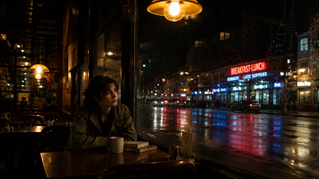 A wide shot of the café interior, the woman small at a table by the rainy window