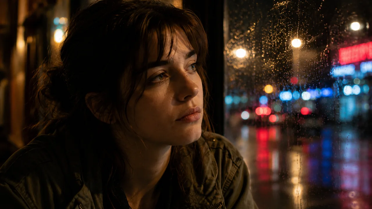 A close-up of the woman's face in three-quarter profile, neon bokeh behind her
