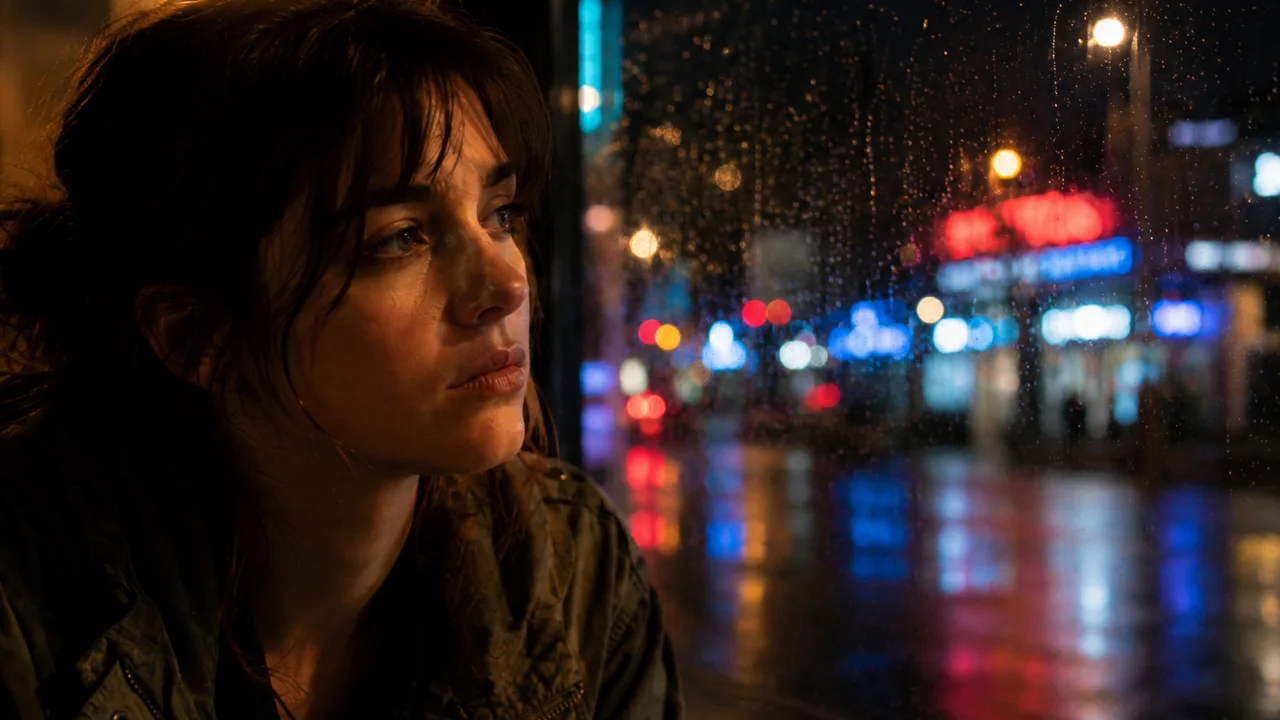 A tight close-up of the woman's thoughtful face with window reflections