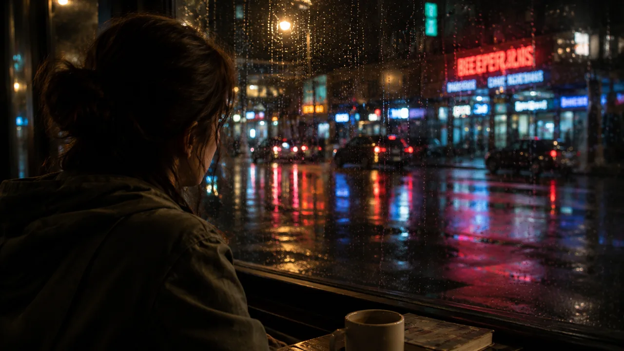 An over-the-shoulder shot from behind the woman toward the rainy street and neon signs