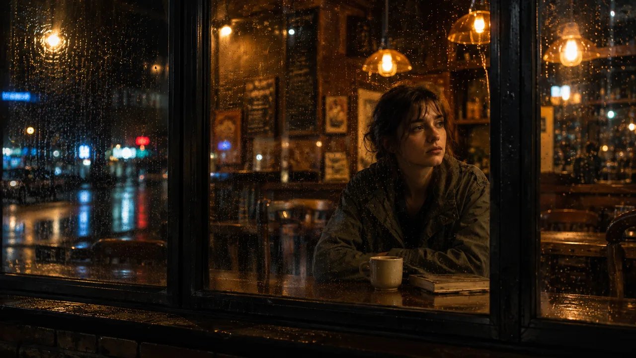 A reverse angle from outside, looking through the wet window at the woman inside the café