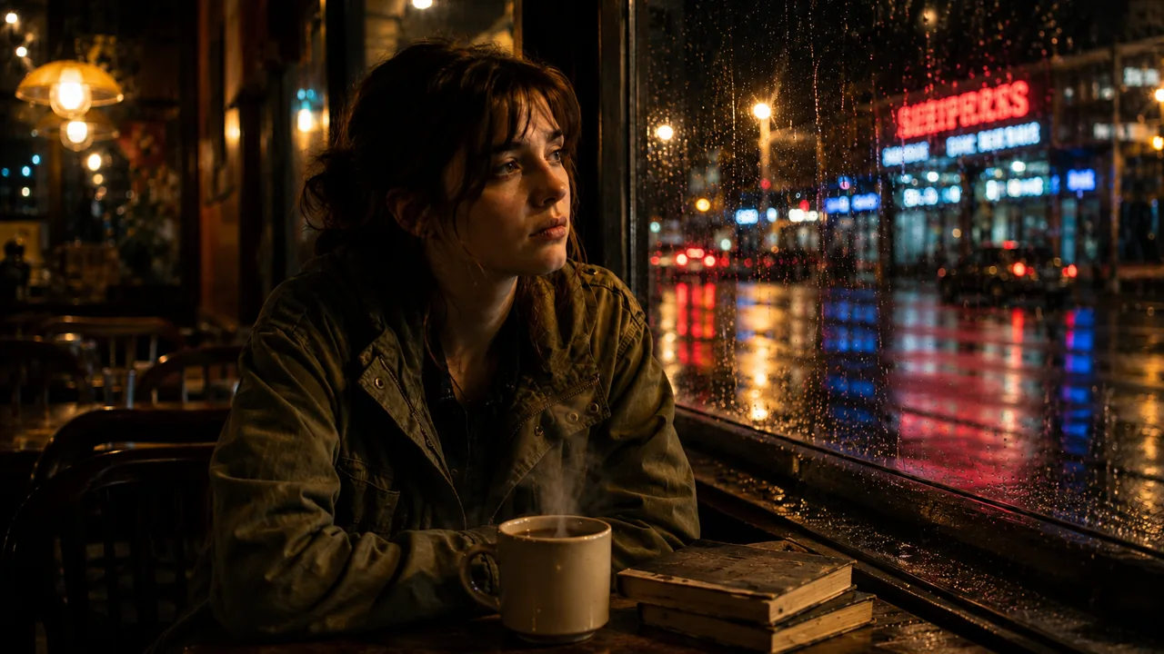 The woman at the window with a steaming mug and books, instead of a detail shot of the mug alone