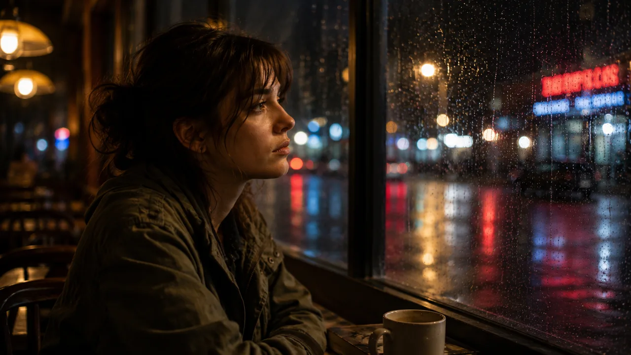A side view of the woman facing the rainy window, the café blurred behind her