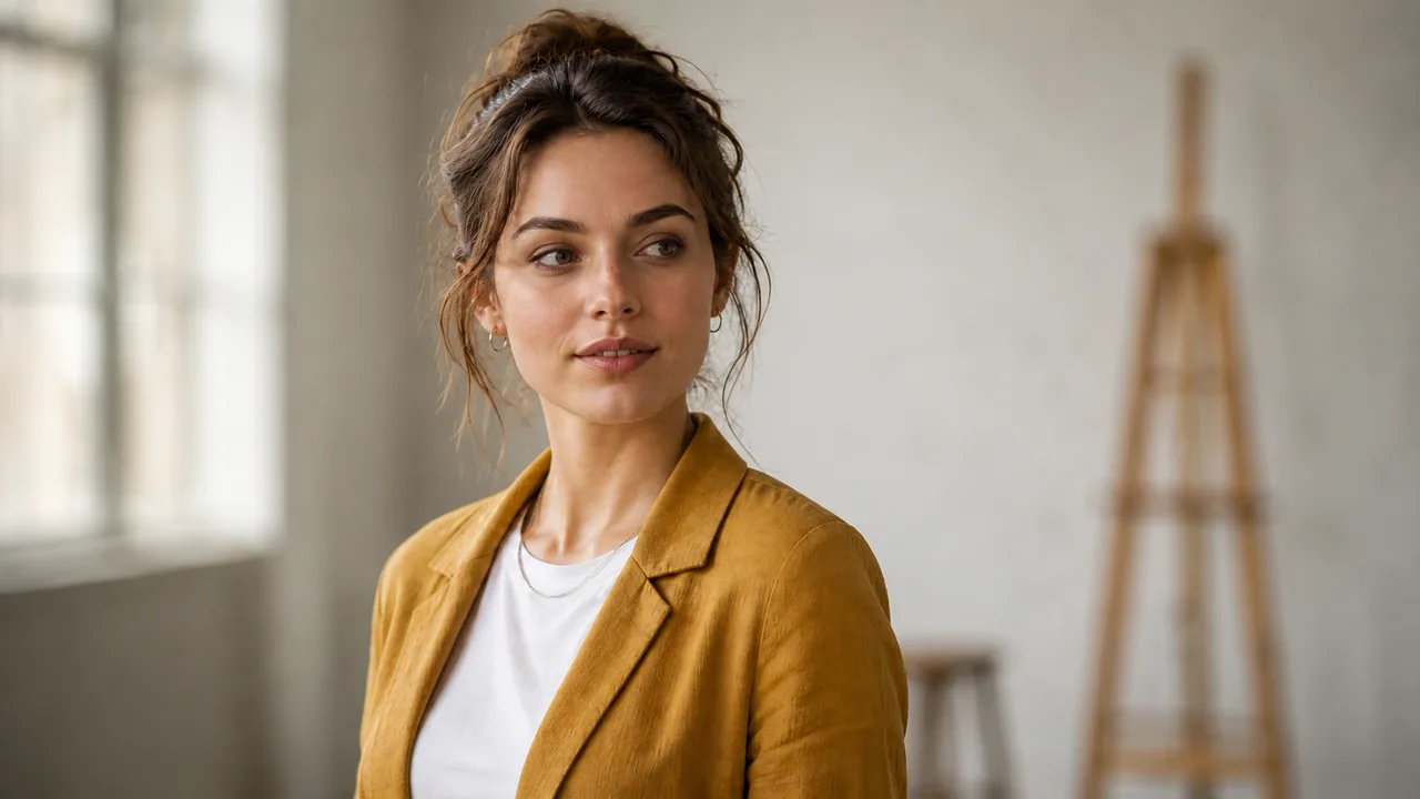 A closer portrait of the same woman with the loft blurred behind her