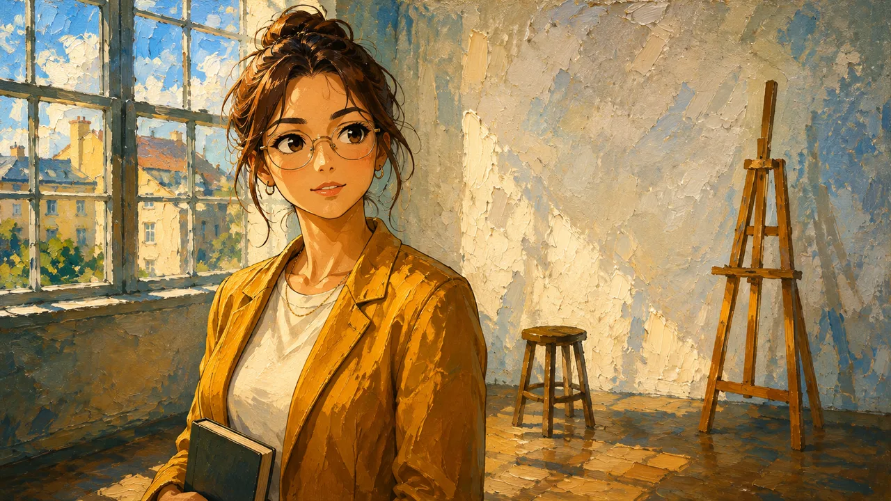 The same scene as a thick oil painting with anime features: large eyes, painted brush strokes on the wall and the window