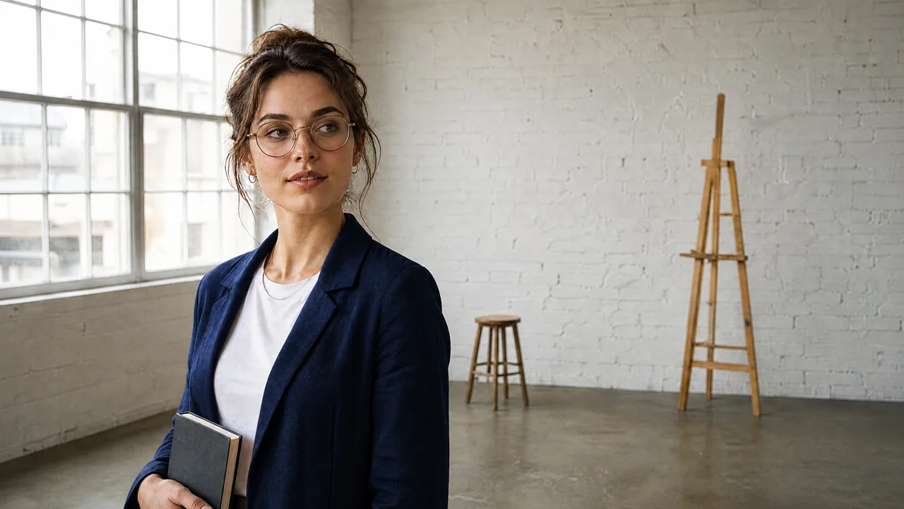 The same woman, the same pose and room, in a navy wool jacket