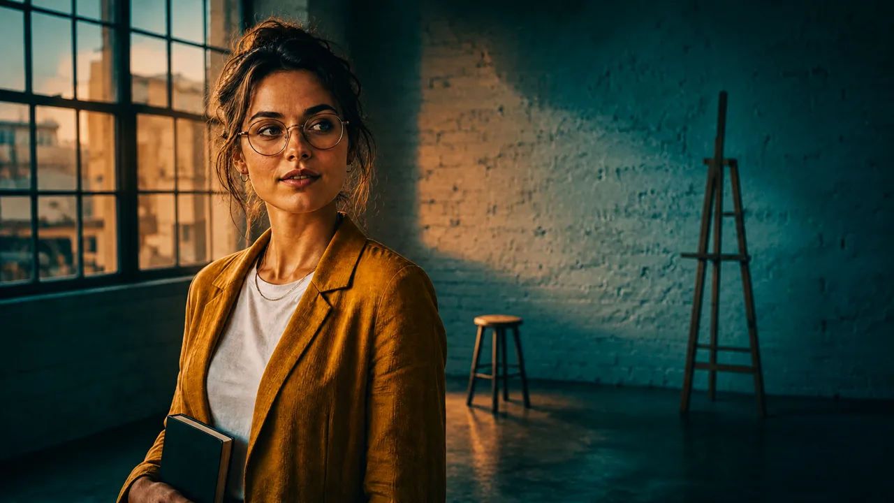 The same woman in the loft with a teal and orange grade: teal shadows on the wall, warm skin and a warm jacket