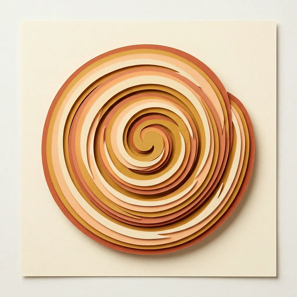 A paper-cut illustration of a cinnamon roll seen from above, as a spiral of layered paper in the same palette