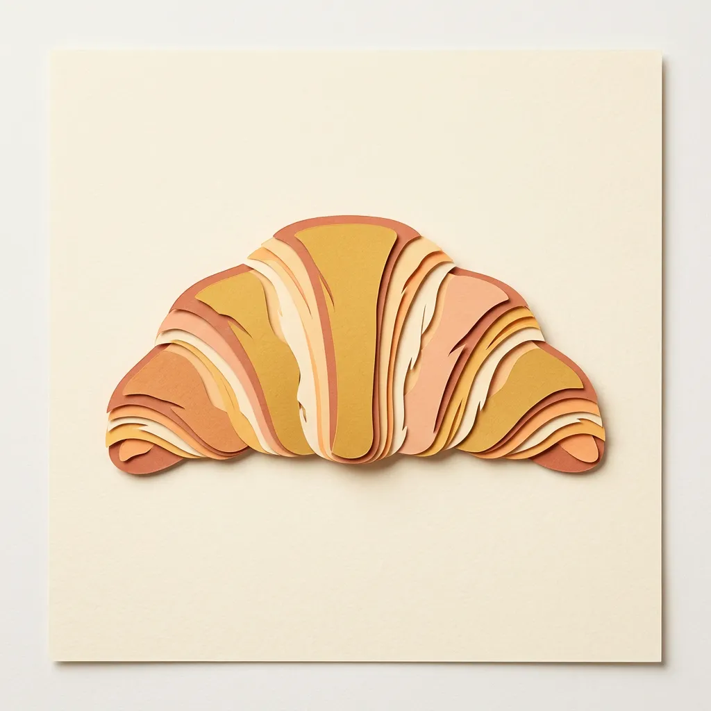 A paper-cut illustration of a croissant in layered cream, peach and terracotta paper on a cream background