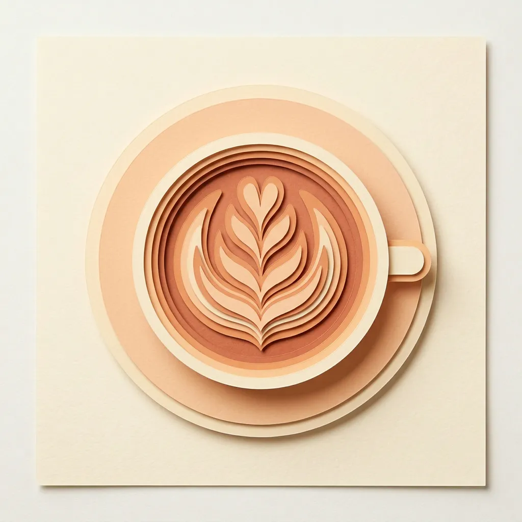 A paper-cut illustration of a latte with a leaf pattern in a cup and saucer, in the same palette