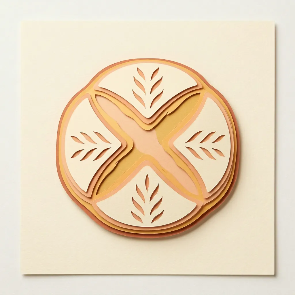 A paper-cut illustration of a round scored sourdough loaf in the same cream, peach and terracotta paper
