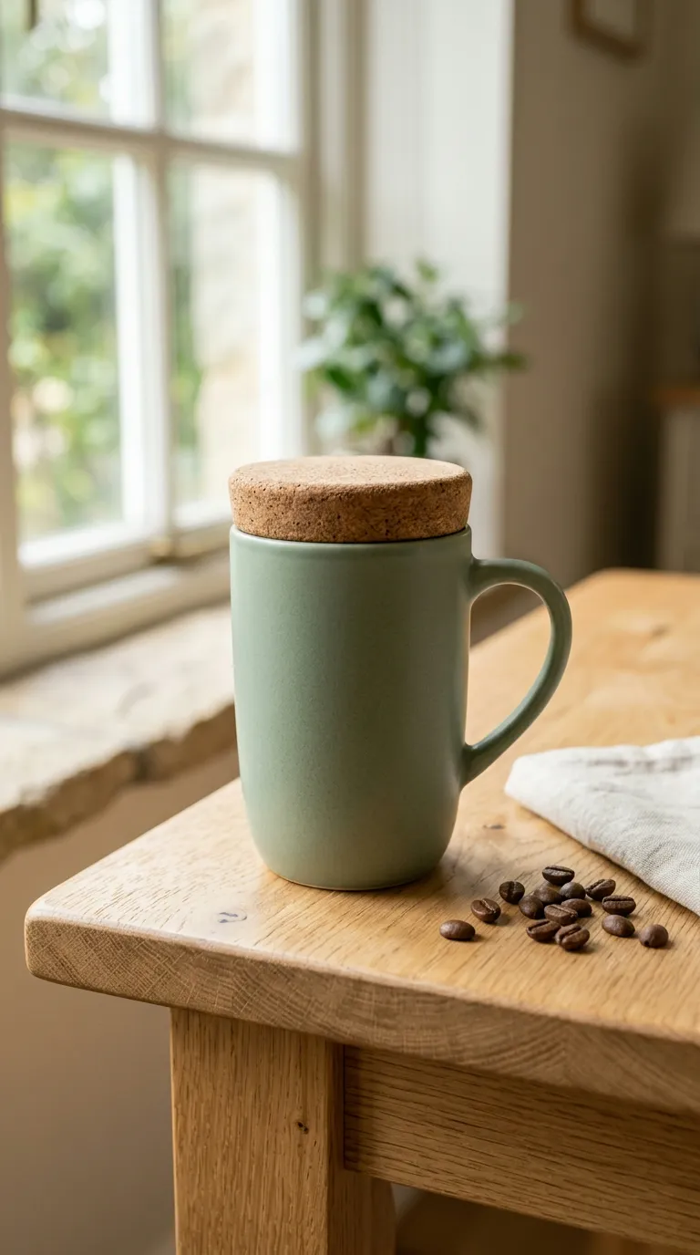 A matte sage-green ceramic mug with a cork lid on a light oak table by a window, with coffee beans beside it