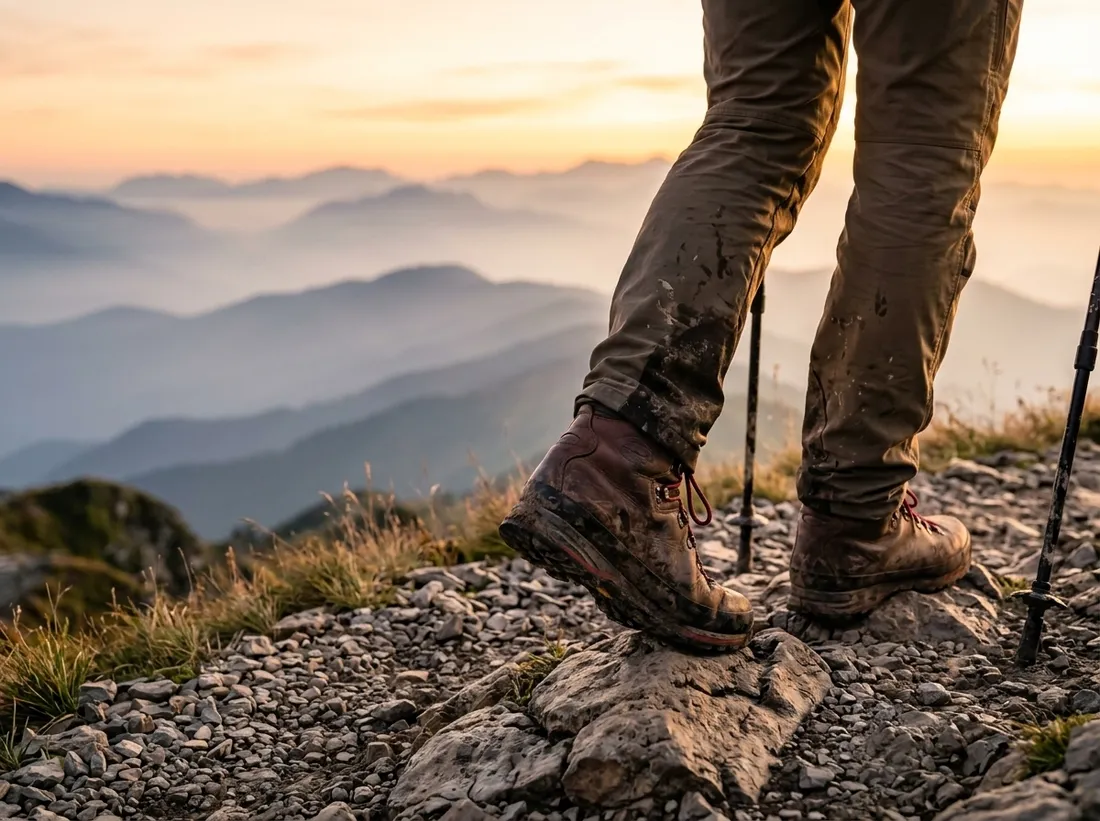 Close-up of worn hiking boots on a rocky trail at golden hour, with misty ridges behind