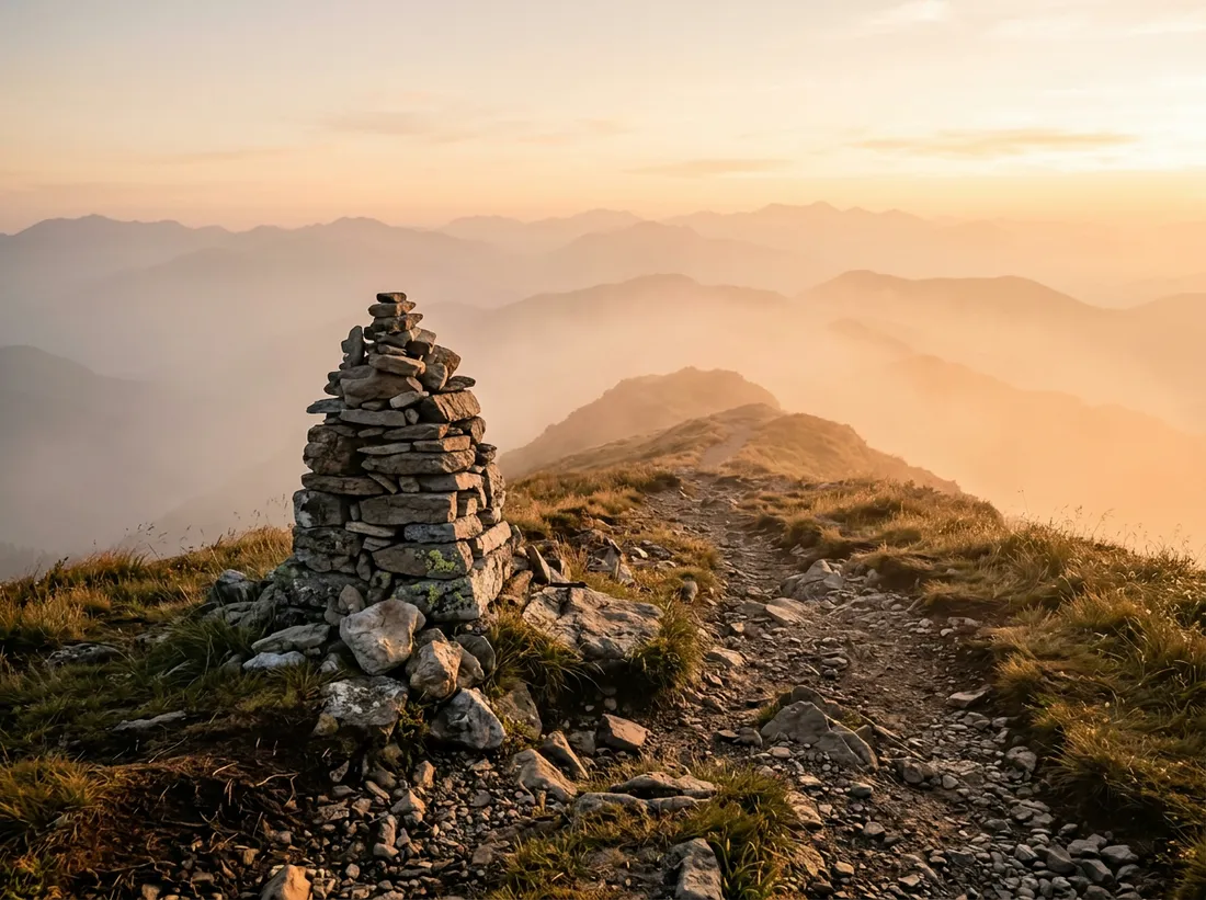 A stone cairn on a misty mountain ridge, with the trail continuing into soft morning light