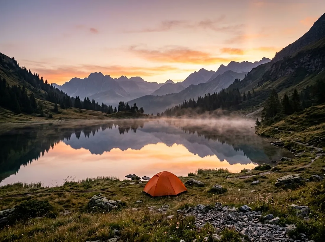 An orange tent beside a still alpine lake at dawn, with mist on the water and mountains reflected
