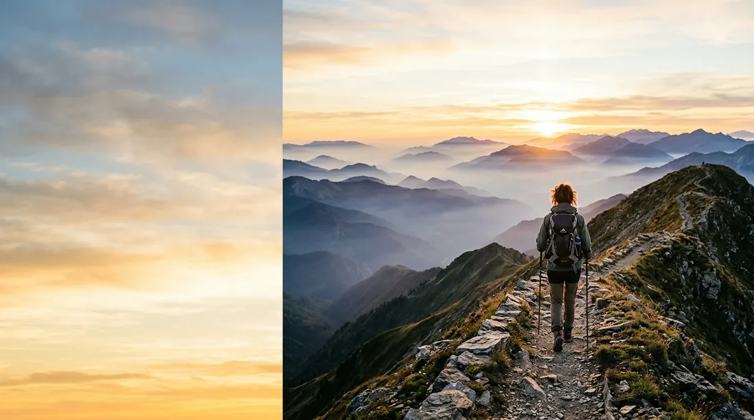 A hiker on a ridge trail at sunrise, with the left third of the picture cut off as a separate panel of sky