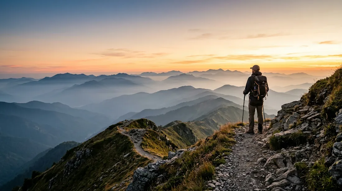 A hiker on a ridge trail at sunrise in the right third of the picture, with open sky and misty mountains across the whole frame