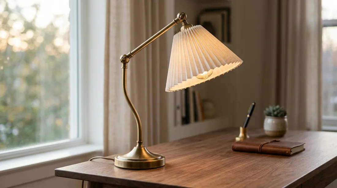 A brass desk lamp with a pleated linen shade on a walnut desk by a window, in soft evening light