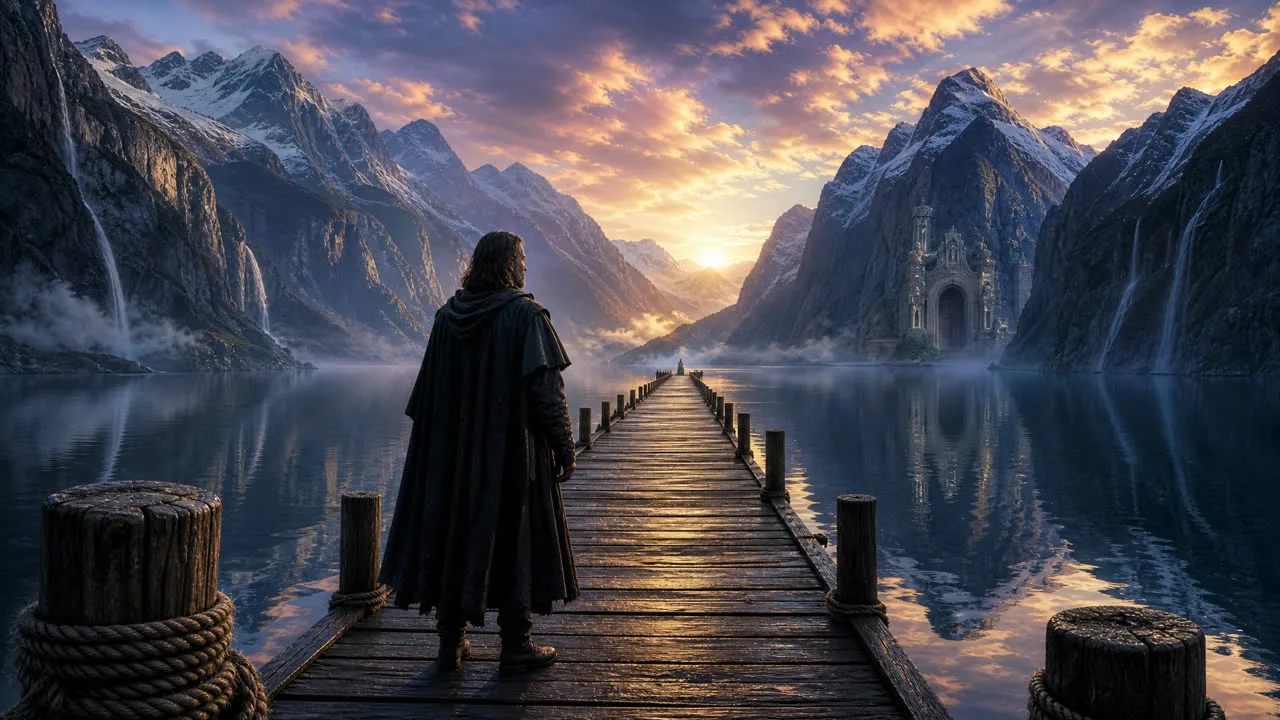 A long pier of posts receding toward a vanishing point in a fjord