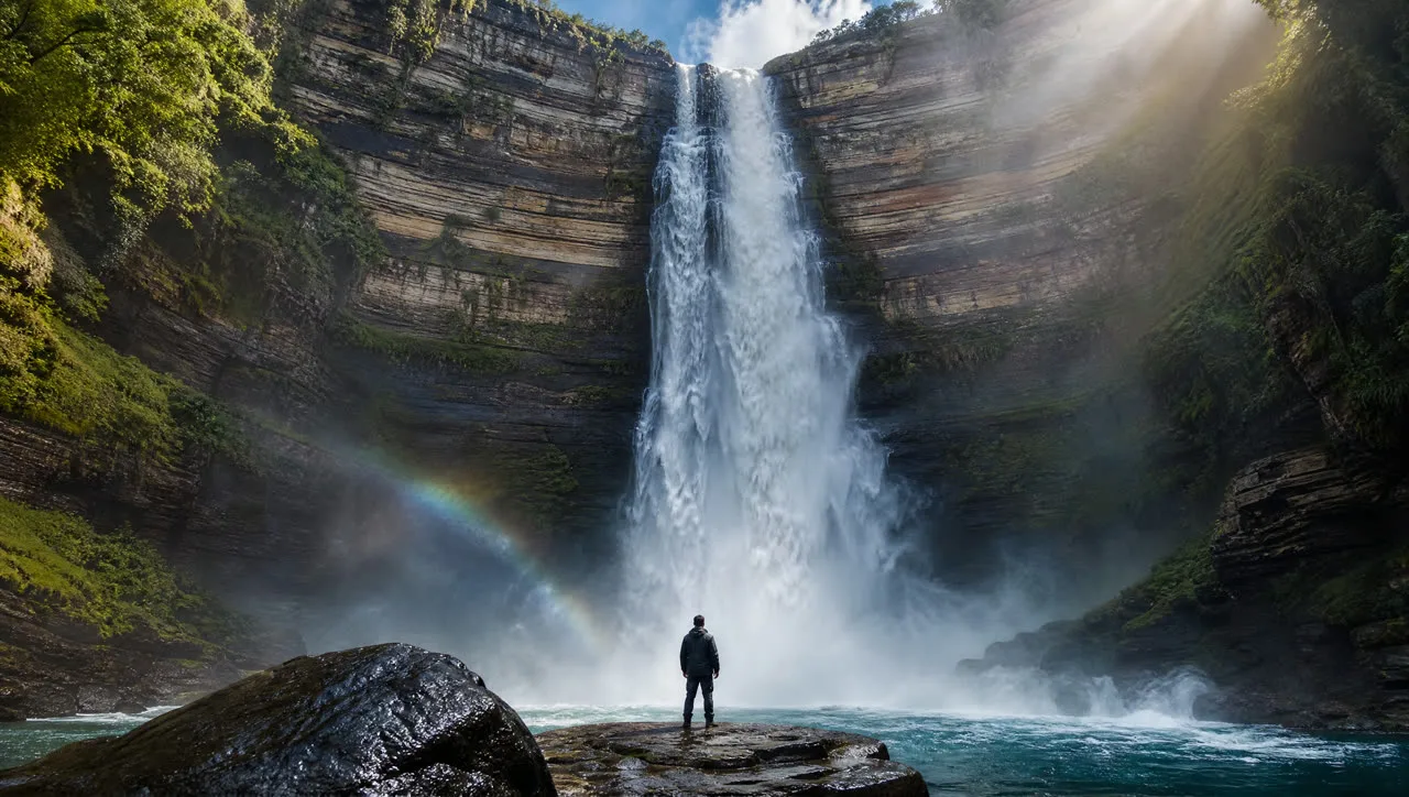 A tall gorge with a waterfall and stacked horizontal rock layers