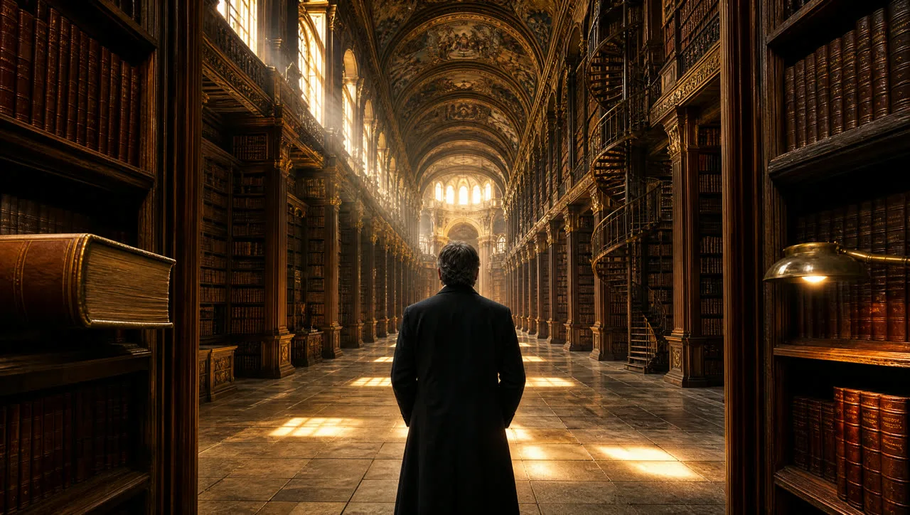 A long library corridor with a patterned floor and shelves receding into the distance
