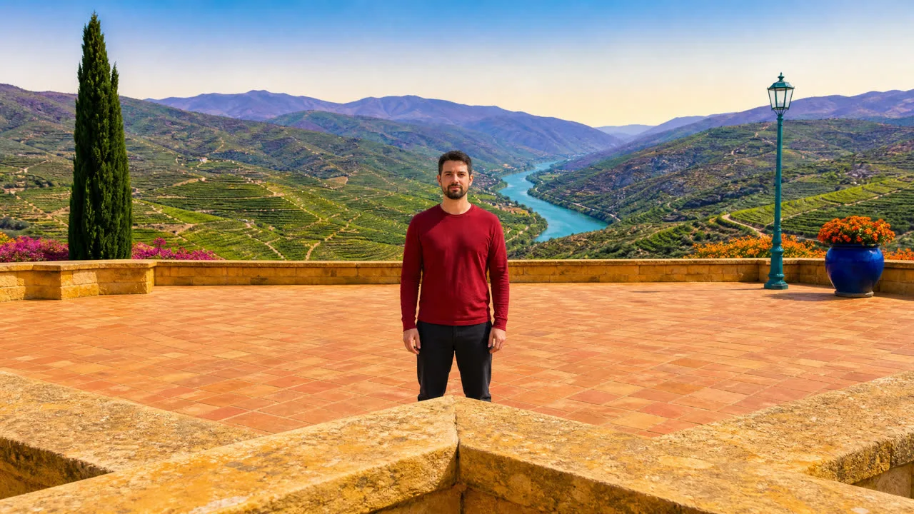 An open clifftop terrace with a man in a red sweater, a lamp post, a cypress and a river valley behind